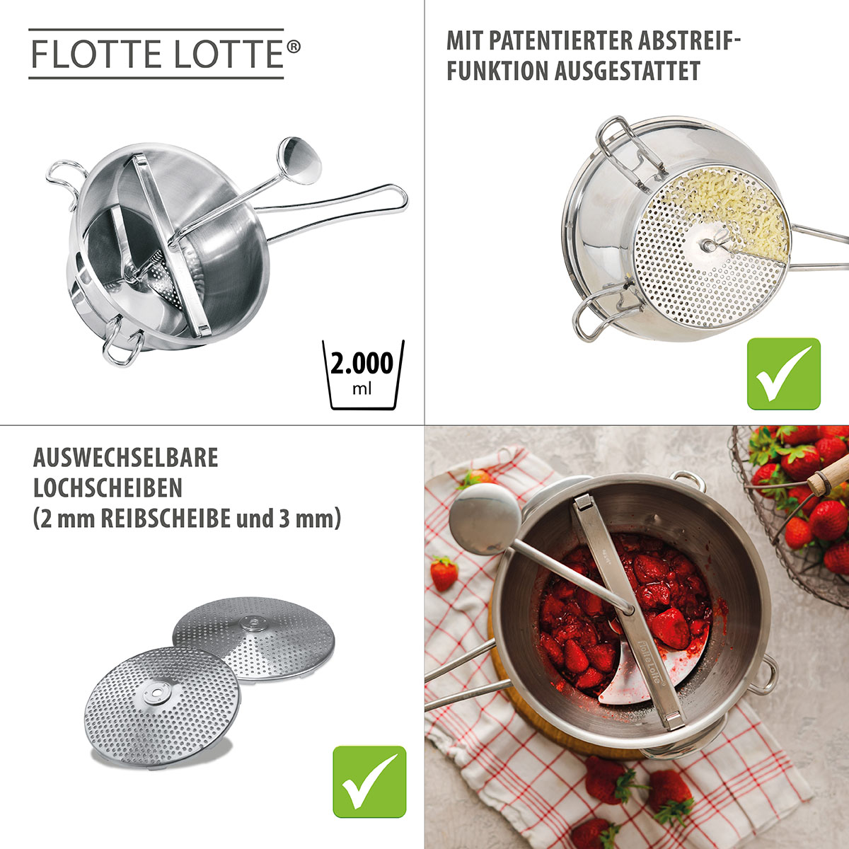 Set: Passiergerät FLOTTE LOTTE® multifunktional mit 2 Lochscheiben + 1 und 8 mm Lochscheibe