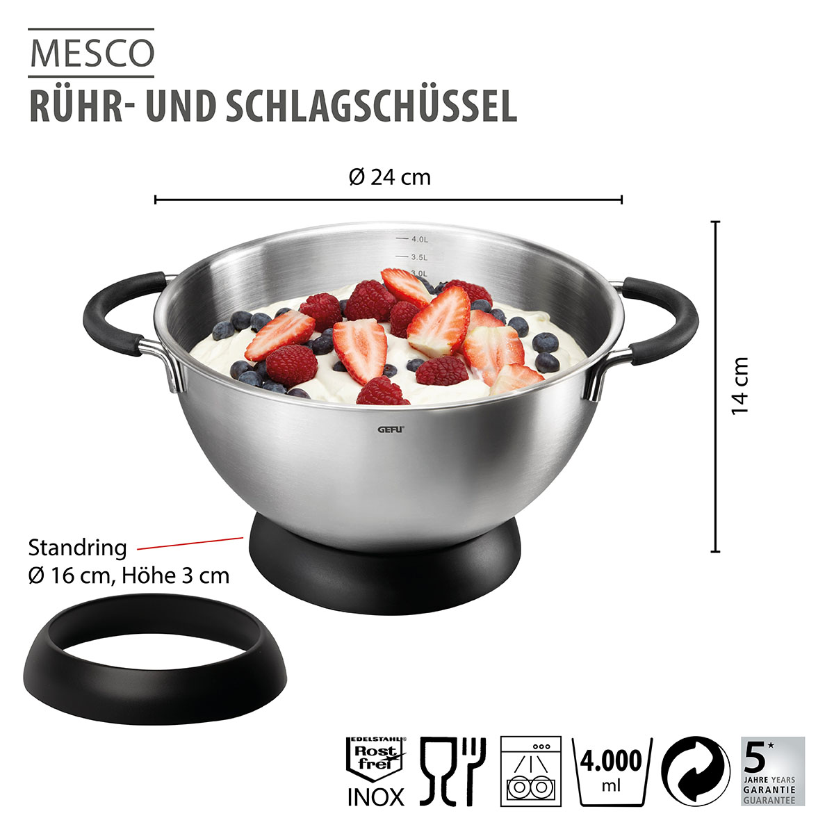 Rühr- und Schlagschüssel mit Standring MESCO, Ø 24 cm